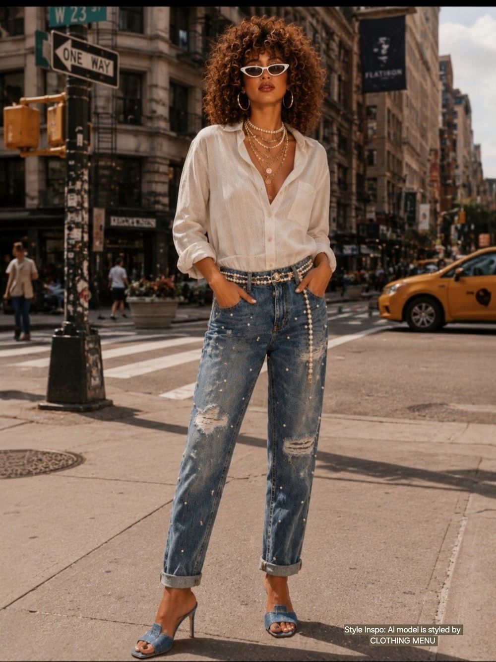 Distressed Pearl-Embellished Women's Jeans - Blue Size: 36 (see measurements)